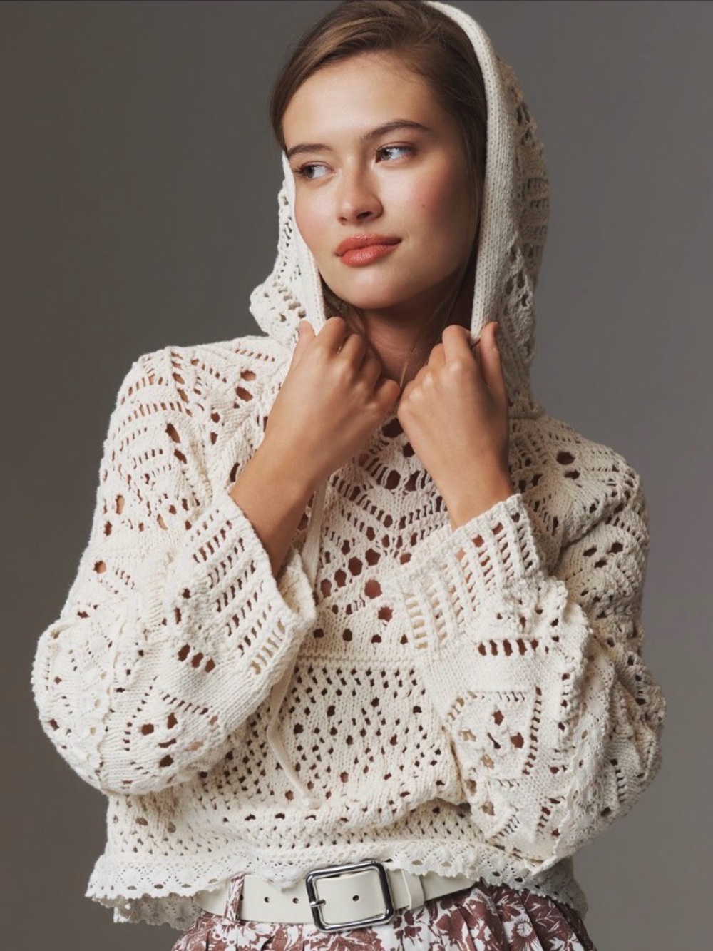 Anthropologie Boxy Crochet Hooded Sweater - Cream Openwork Knit